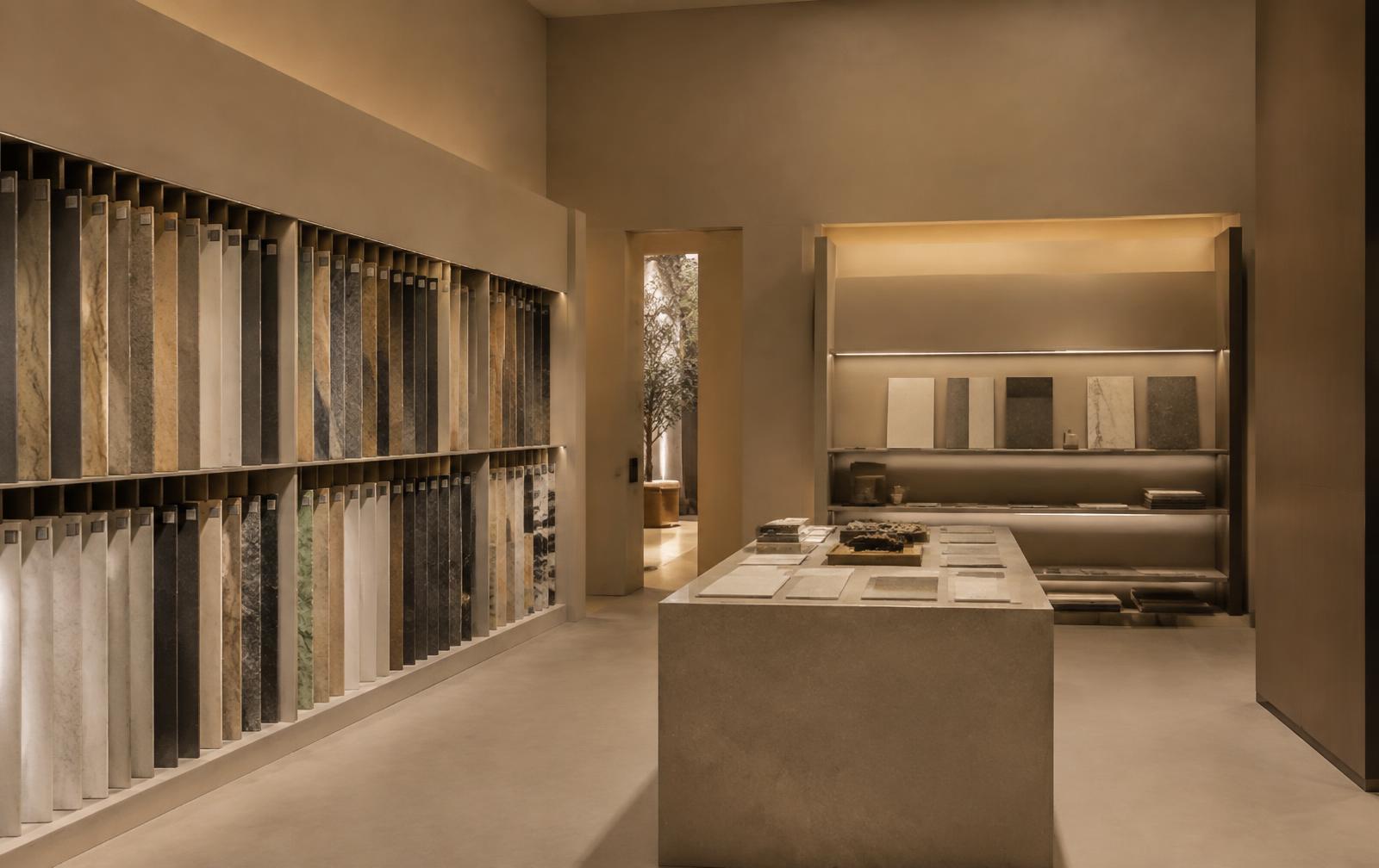Solène material library showroom with slab display racks