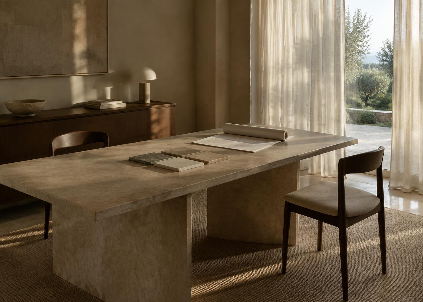 Consultation room with stone table and samples