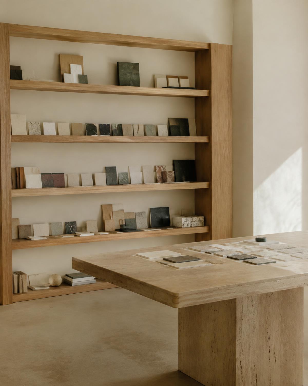 Material sample library shelves and stone table
